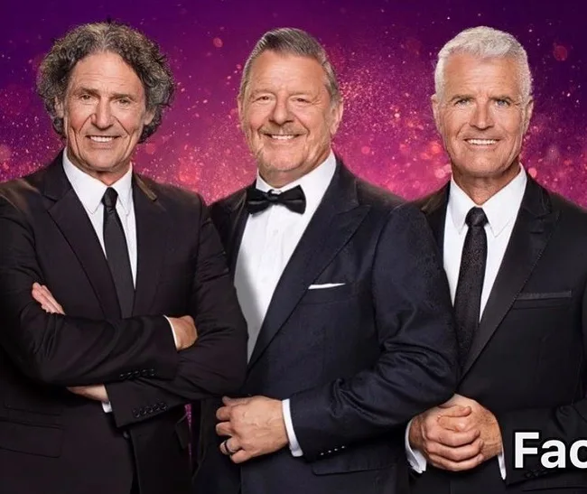Three smiling men in tuxedos posing against a sparkling purple background.