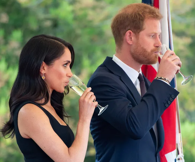 Two people in formal attire drinking from champagne flutes, with a flag in the background.