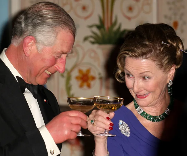 A man and woman in formal attire share a toast, smiling warmly at an elegant event.