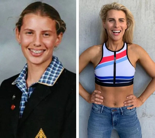 A side-by-side comparison of a young girl in a school uniform and the same woman as an adult in athletic wear, smiling.