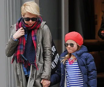 Two individuals, wearing sunglasses and winter clothes, walk hand-in-hand down a city street.