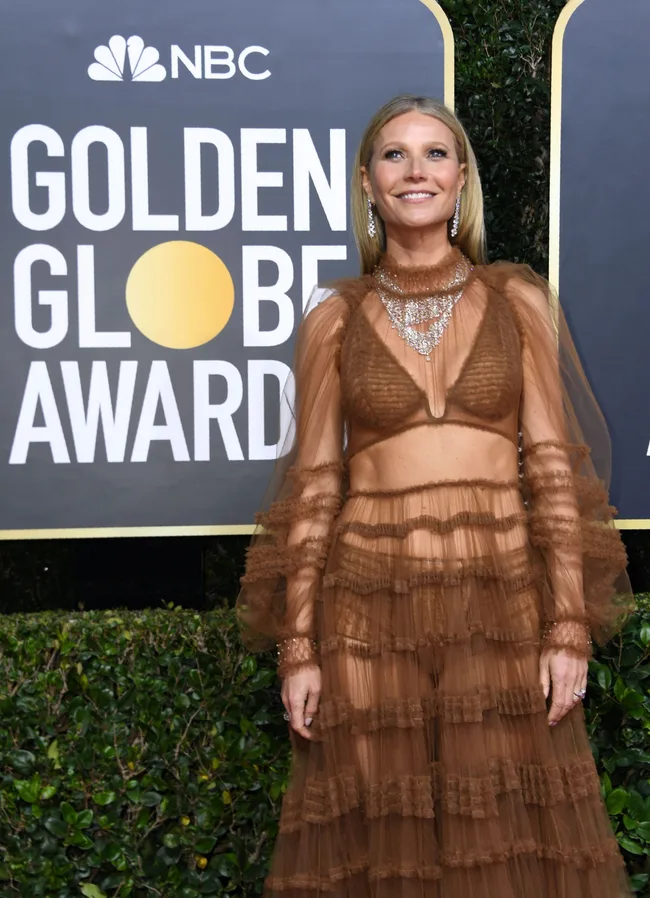 A person in a sheer brown gown poses in front of a Golden Globe Awards backdrop.