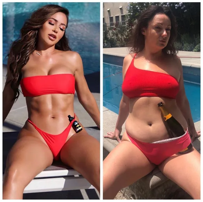 Two women in red bikinis by a pool, one posing seriously with oil, the other humorously with a champagne bottle.