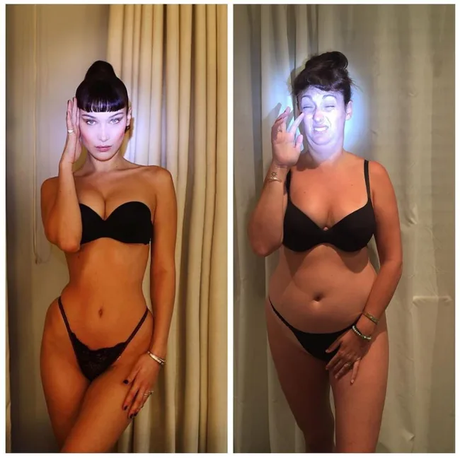 Two women in similar black bikinis pose humorously, one in a dim and the other in bright light, mimicking each other's stance.