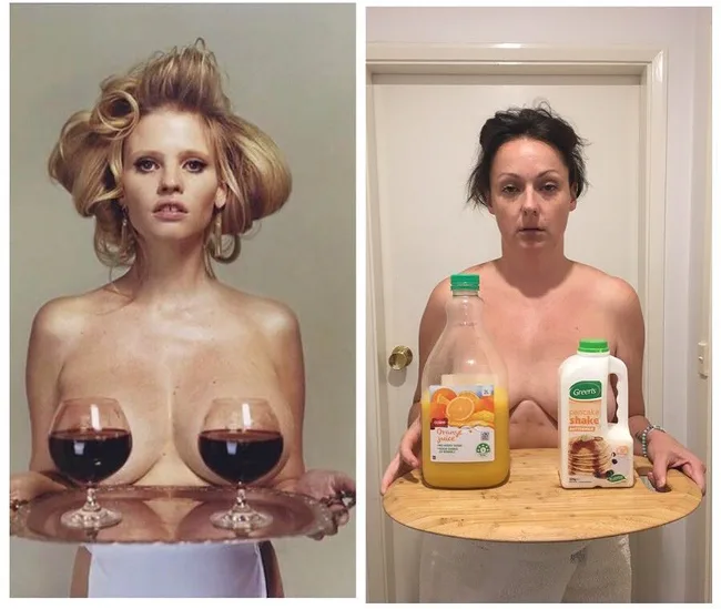 Two side-by-side images of women holding trays, parodying each other with different items on trays.