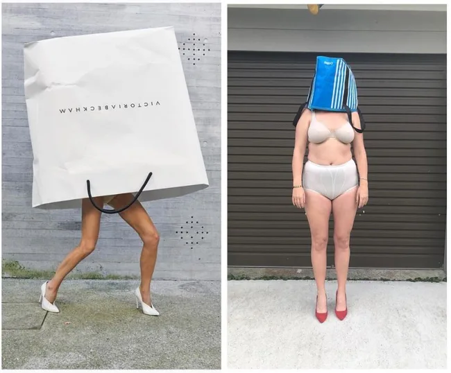 Split image: Left, person in heels under a large shopping bag. Right, person in lingerie with a cooler bag on their head.