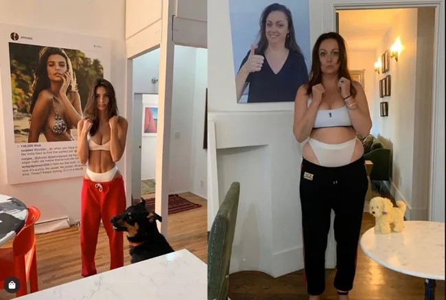 Side-by-side image of two women in similar attire, each posing with mock seriousness in a home setting.