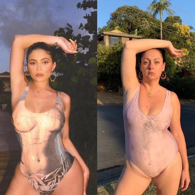 Two women posing similarly in swimsuits with one arm raised, side by side in different outdoor settings.