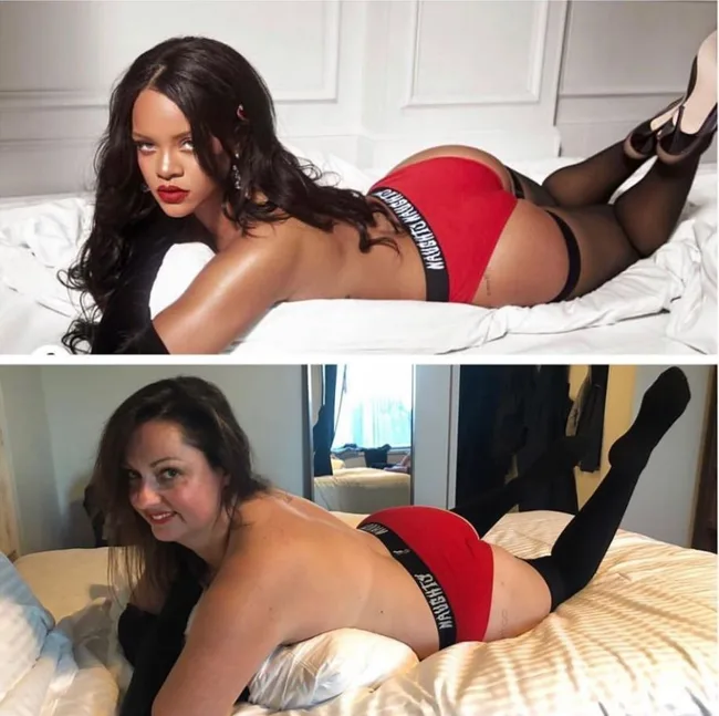 Two images showing women posing similarly in red shorts and black stockings on a bed.