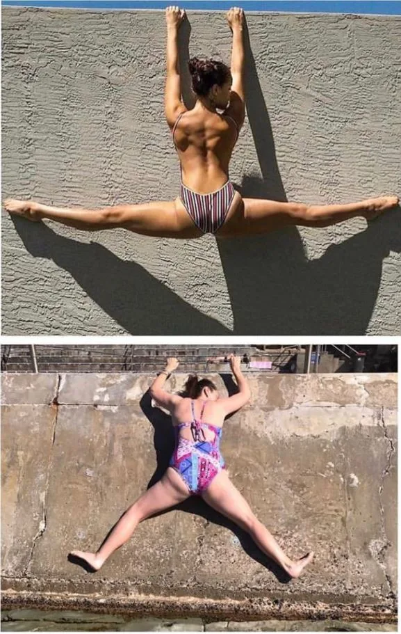 "Two women attempting wall exercises, one in a striped swimsuit with a perfect split, the other imitating humorously."