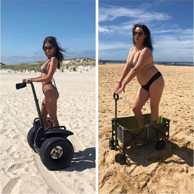 Two women on a beach: one on a Segway, the other in a cart. Both in swimsuits, enjoying a sunny day on the sand.