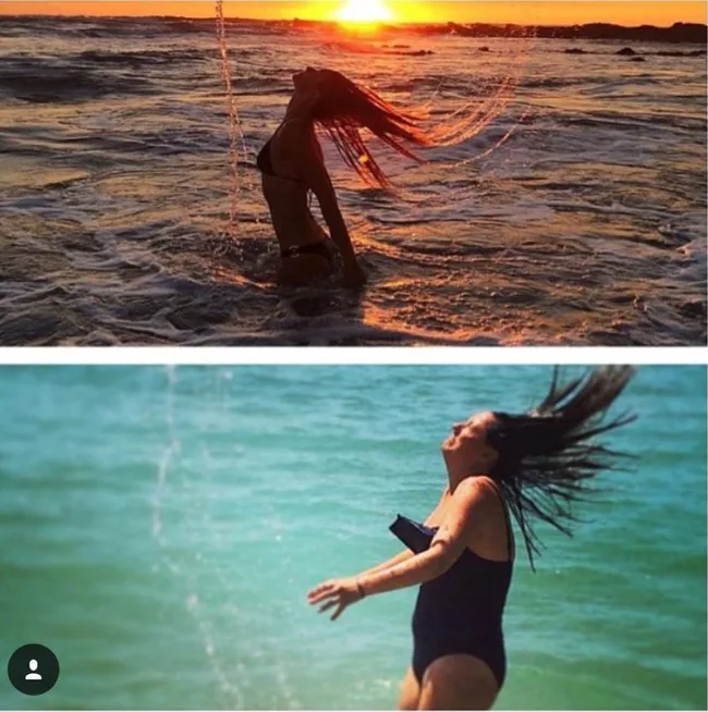 Two images of women in swimsuits flipping their hair back, creating a water arc, one at sunset and the other in daylight.