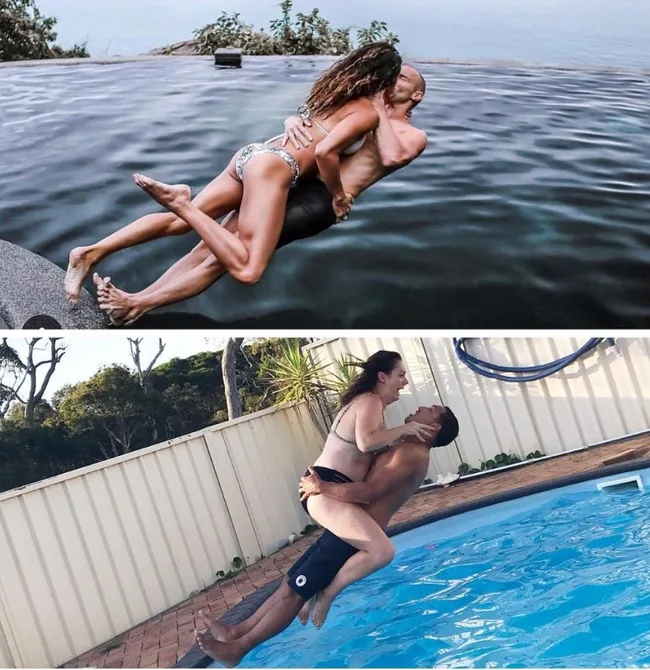 "Two couples recreate poolside lift pose; one at infinity pool, one in backyard pool."