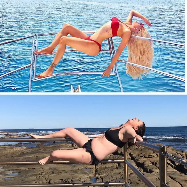 Two women in bikinis lounging on metal railings by the water, each in a similar pose.