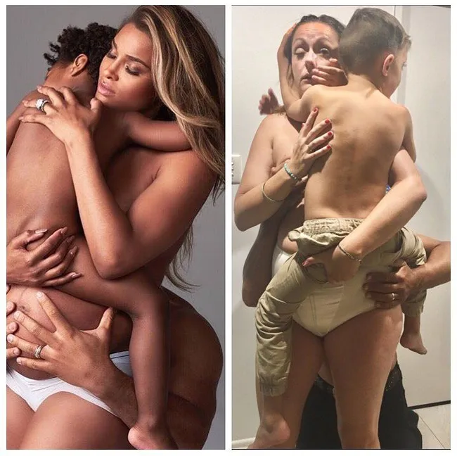 Two images, each showing a woman in an embrace with a child. One woman is wearing a ring on her left hand.