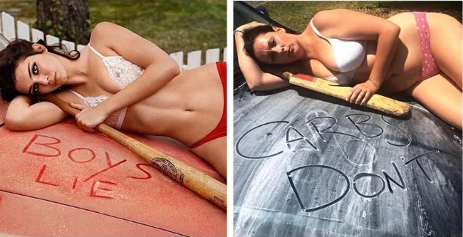 "Two women lying on cars; left text 'Boys Lie,' right text 'Carbs Don't,' both holding baseball bats, in lingerie."