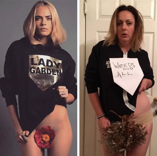 Side-by-side of two women replicating a pose; one with "Lady Garden" shirt and flower, the other with "Weeds and All" sign.