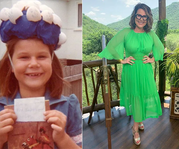 Two photos: a child holding paper with a hat of cotton balls, and an adult in a green dress on a balcony.