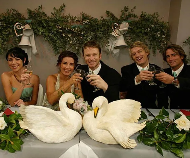 Five people at a wedding table toasting with drinks, swan centerpieces in front of them, greenery backdrop.