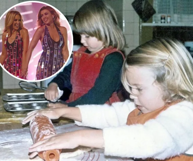 Children baking with rolling pin; inset shows two women in matching colorful dresses on stage.