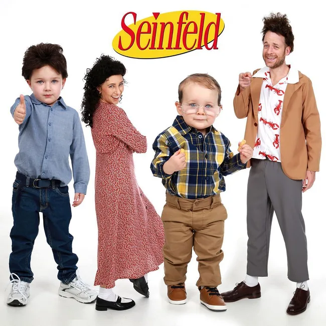 Characters from "Seinfeld" depicted as kids, with a logo above them. The kids wear outfits matching Seinfeld characters.