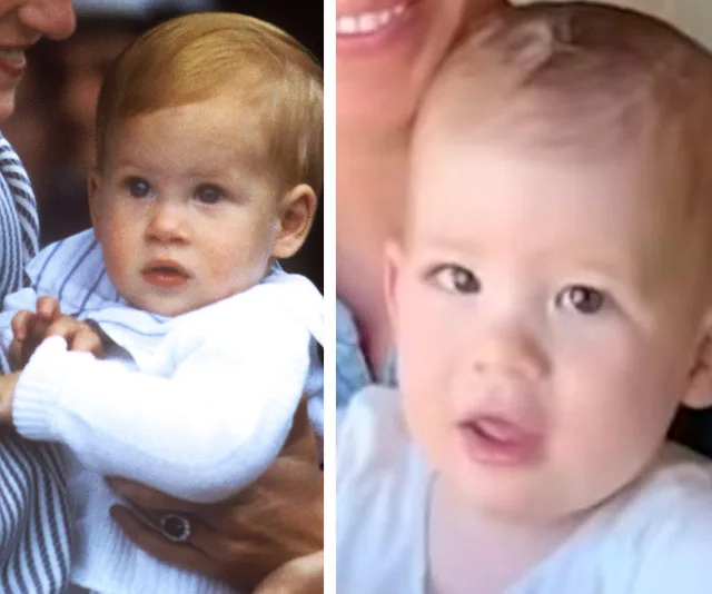 Two baby photos side by side, showing similarities in looks and expressions, both wearing light-colored outfits.
