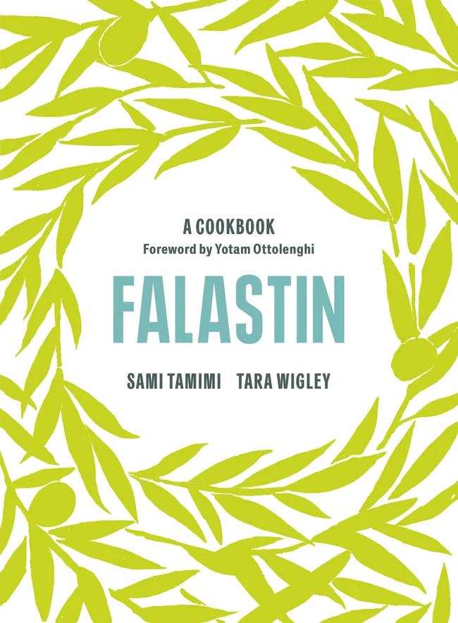 Cover of "Falastin" cookbook by Sami Tamimi and Tara Wigley, featuring green olive branches on a white background.