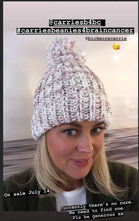 Woman wearing a knitted beanie with text promoting Carrie's Beanies 4 Brain Cancer charity on social media.