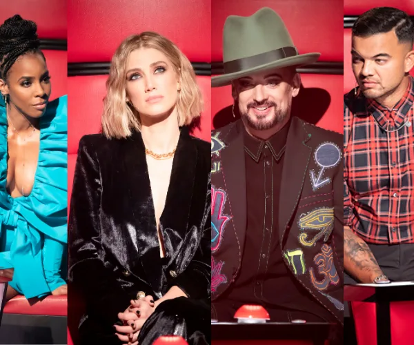 Four judges seated in red chairs on a TV show set, each with distinct fashion styles.