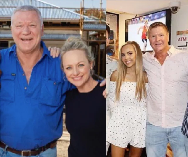 Two images side-by-side: Left shows a man in blue with a woman, right shows the same man with a woman in a white outfit.