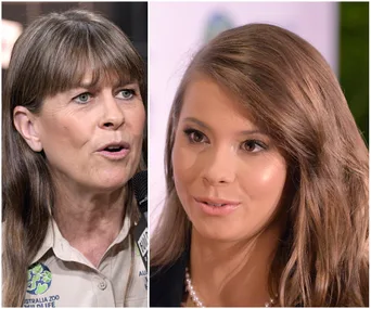 Two women speaking, one wearing a uniform with wildlife patches; split image showcasing different expressions.