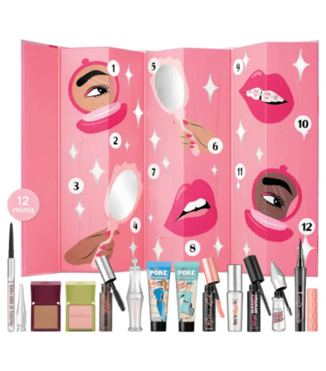Makeup advent calendar with 12 mini beauty products and illustrated pink backdrop featuring lips and eyes.