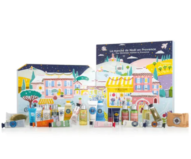 L'Occitane holiday gift set with various skincare products and Provence-themed packaging.