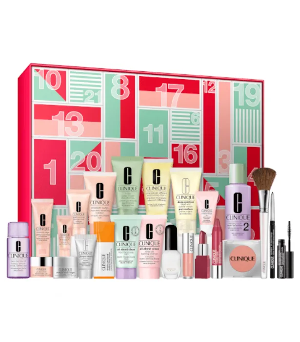 Clinique advent calendar with various skincare and makeup products in front.