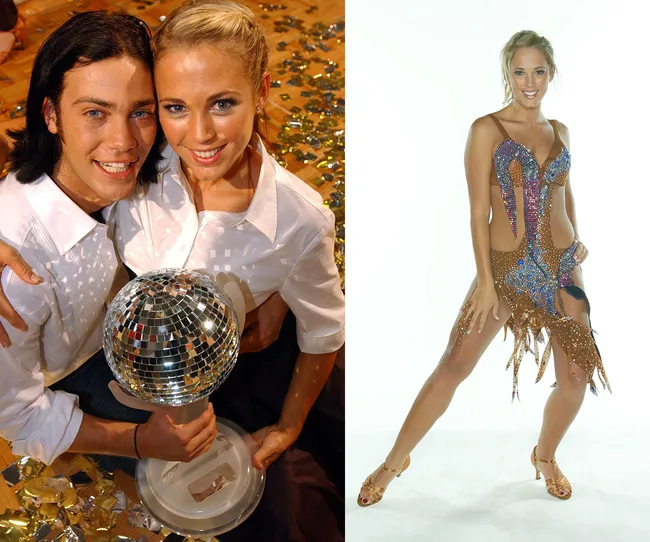 Two people smiling with a disco trophy, confetti around; woman in sparkling dance costume poses confidently.