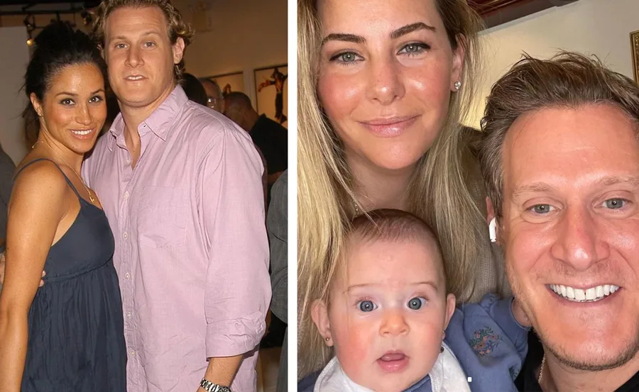 "Left: Woman in blue dress with man in pink shirt. Right: Man and woman with baby, smiling indoors."