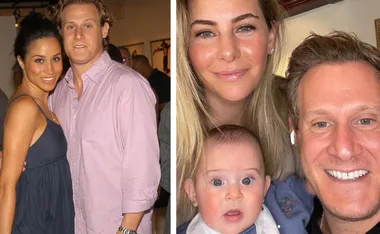 "Left: Woman in blue dress with man in pink shirt. Right: Man and woman with baby, smiling indoors."