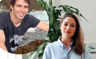 Two photos: a man by the ocean and a woman indoors, with greenery in the background.