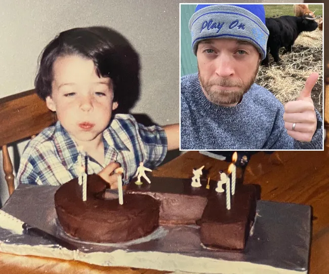 Young boy blowing out candles on a C-shaped chocolate cake; inset of an adult giving a thumbs up near farm animals.