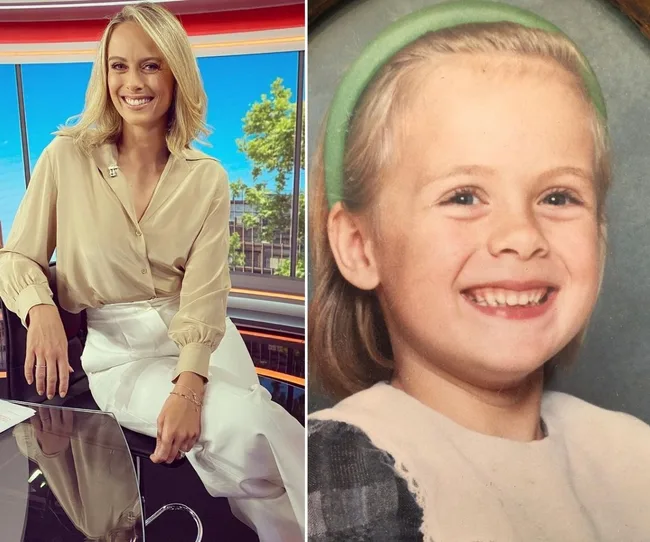 Alt text: "Split image of a smiling woman on a TV set and her childhood photo, both with similar blonde hair."