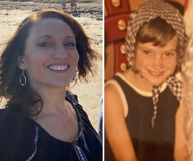 Adult and child in side-by-side photos; adult woman smiling on a beach and child wearing a checkered headscarf.