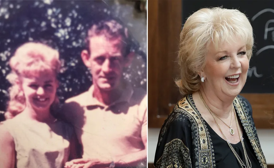 Patti Newton smiling; an old photo of her father and a younger woman is beside her.