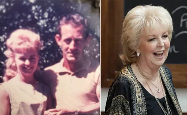 Patti Newton smiling; an old photo of her father and a younger woman is beside her.