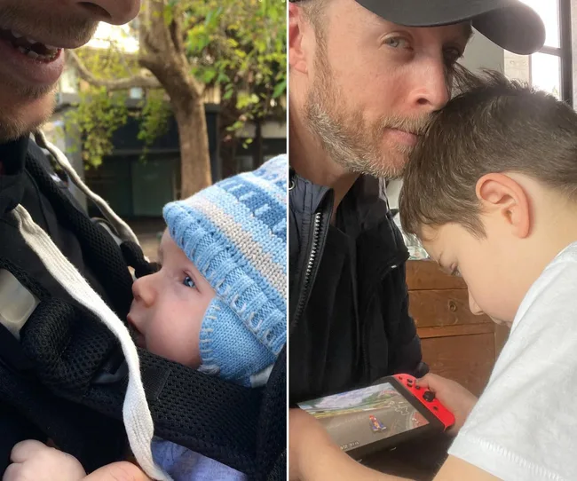 Father with baby in a carrier on left; father and older child playing video game on right.