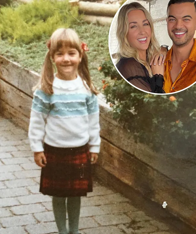 Young girl with pigtails in a striped sweater and plaid skirt, inset of smiling couple.