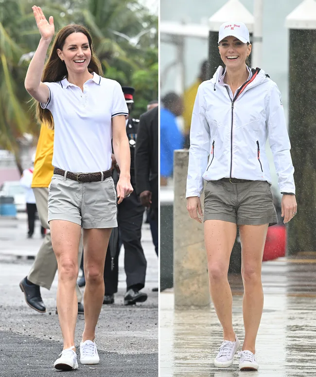 Two images of a woman in casual shorts and tops, walking outdoors. She is smiling and waving in one image.