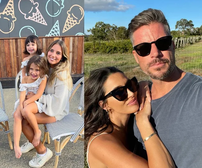 A woman with two kids sits on chairs with an ice cream mural; a couple poses outdoors wearing sunglasses.