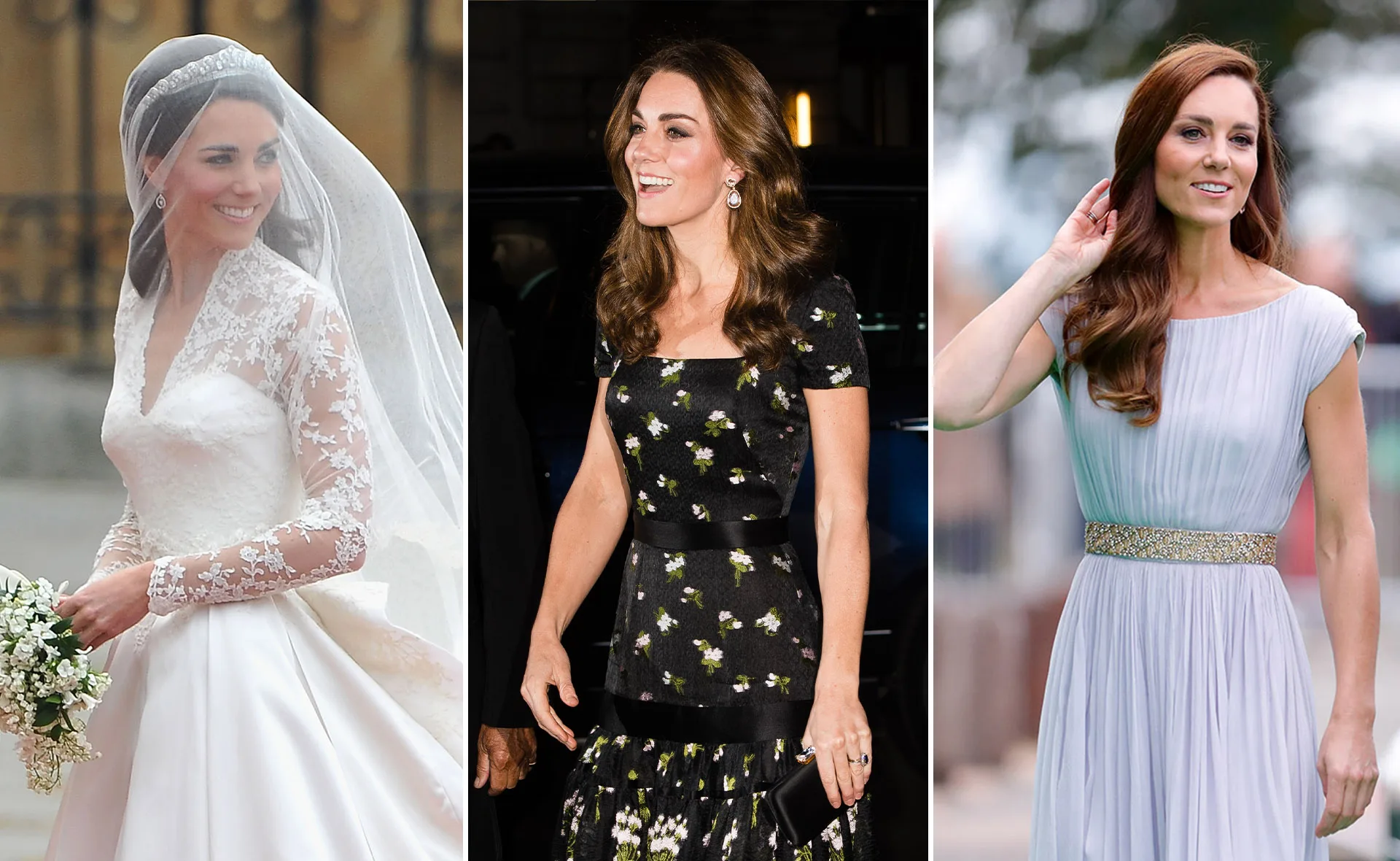 Three images: woman in wedding dress, in black floral dress, and in pale blue gown with a gold belt, smiling.
