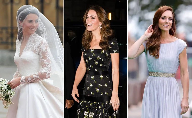 Three images: woman in wedding dress, in black floral dress, and in pale blue gown with a gold belt, smiling.