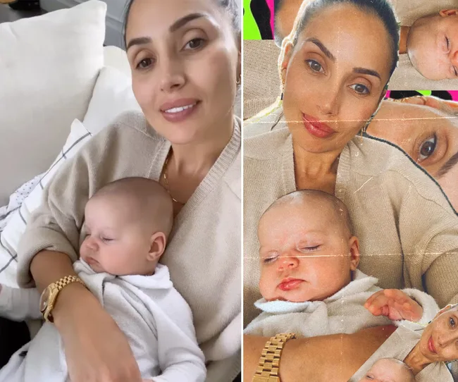 Woman smiling while holding a sleeping baby, with a collage effect next to them showing multiple copies of the image.